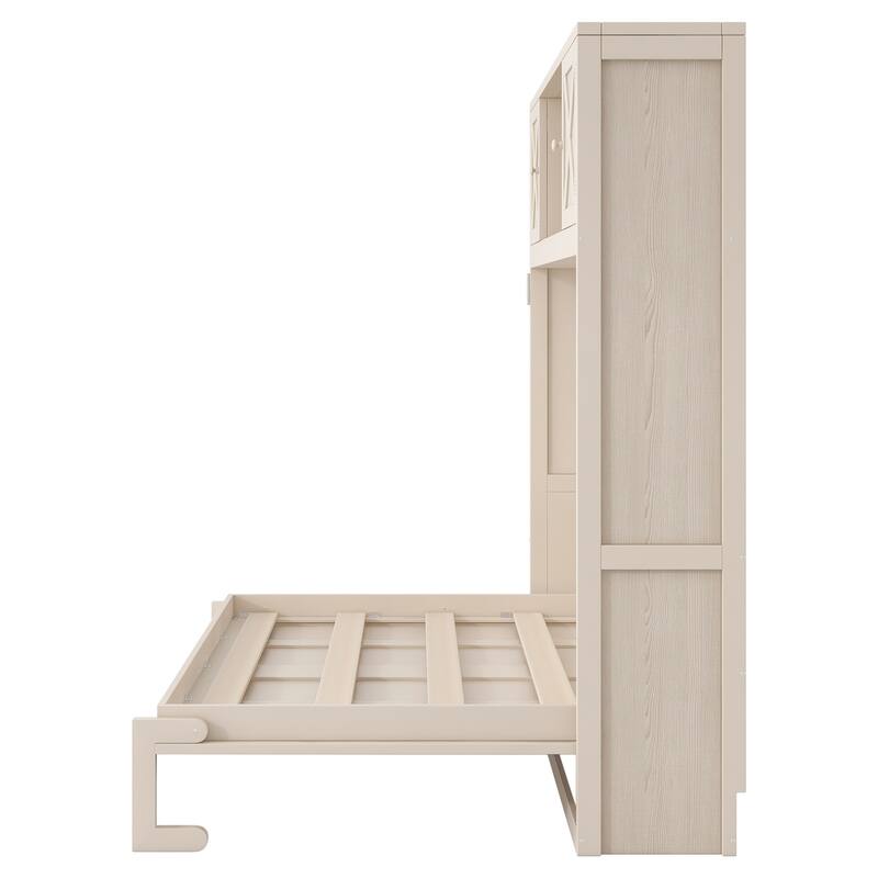 Full Size Murphy Bed Space Saving Cube Cabinet Bed Frame with Top Storage Bookcase Cabinets, Foldable Platform Bed Frame