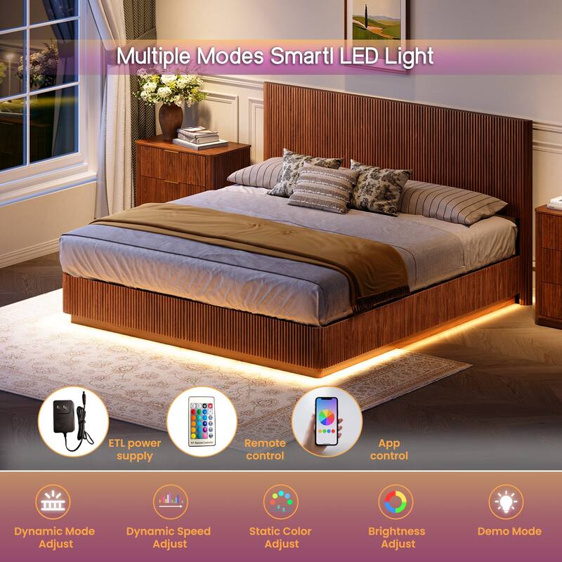 Low Profile Bed Frame with High Headboard, LED Light Strip Under Bed, Wooden Corrugated Curved Platform Bed, Metal Frame Support