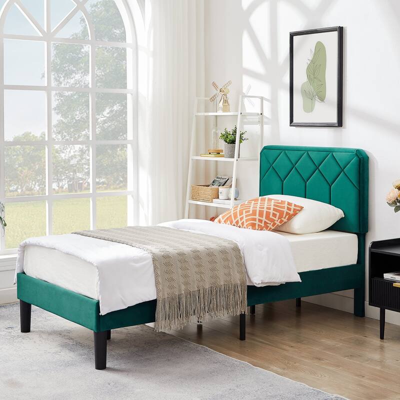 2 Pack Twin Size Kids Bed Frame Height Adjustable Diamond Pattern Upholstered Headboard Bed Twin Size Bed Set of 2