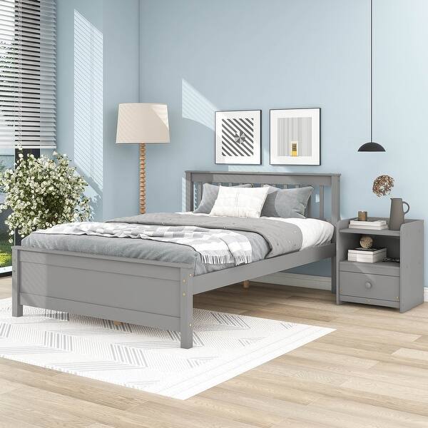 slide 2 of 7, Grey Full Size Platform Bed with Slatted Headboard, Footboard, and Nightstand - Elegant Solution for Kids, Teens, and Adults Grey