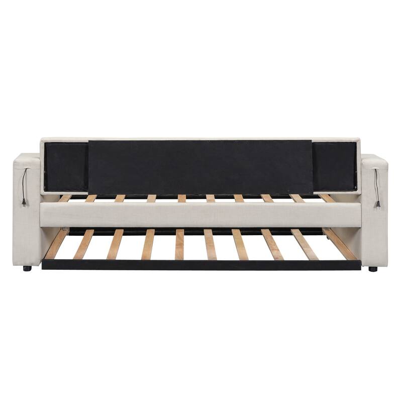 Twin Size Upholstery Daybed with Storage Arms, Trundle and USB Design - Beige