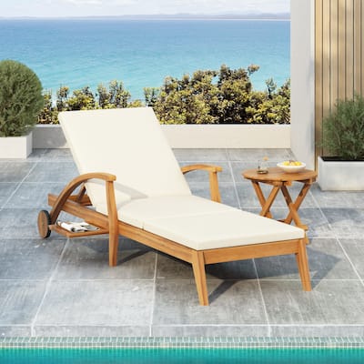 Roomfitters Outdoor Chaise Lounge with Wheels, Acacia Wood Recliner, 4-Position Backrest, Cushion Included, Cream