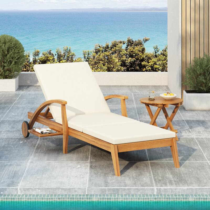 Wood Outdoor Chaise Lounge Chair with Wheels and Cushion, Adjustable Backrest for Patio Garden Poolside