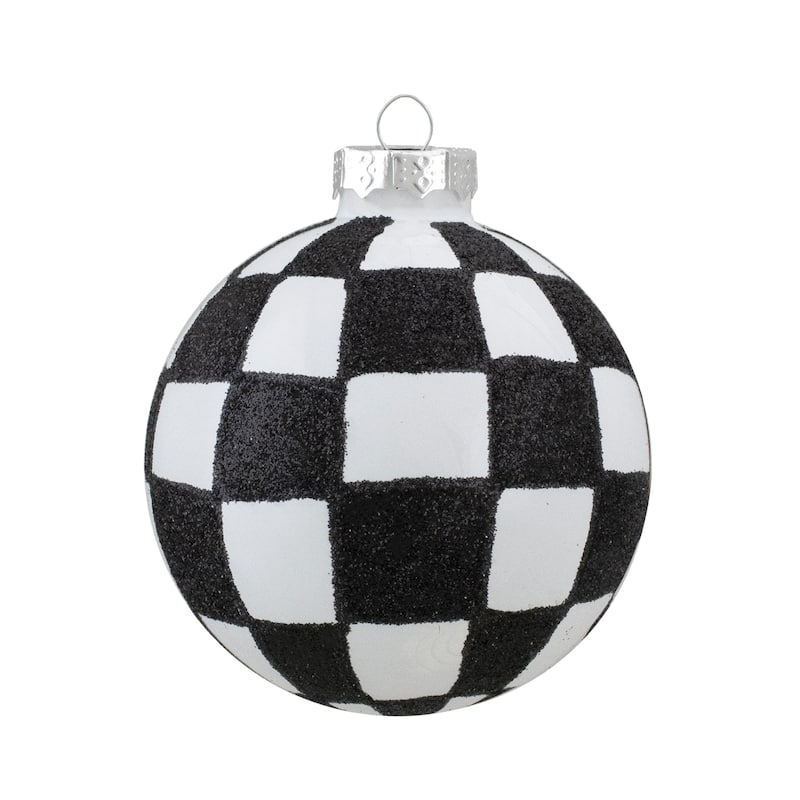 4ct Black White Zig Zag Checkered Christmas Glass Ornaments 2.75"