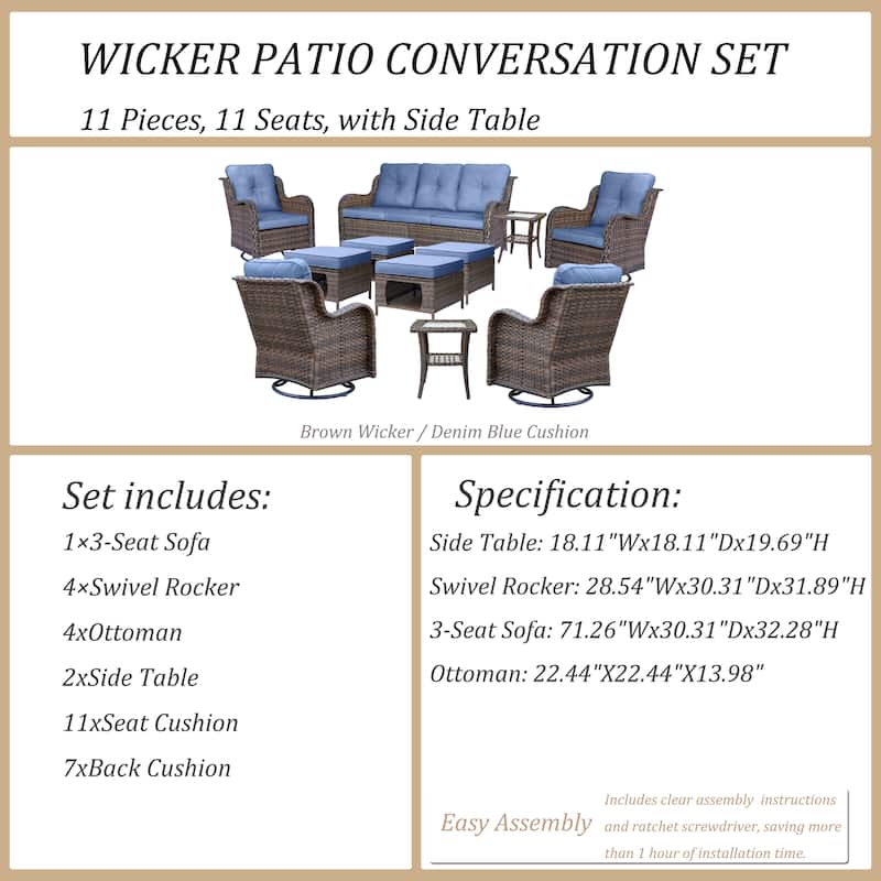 11 Piece Outdoor Wicker Patio Conversation Swivel Chairs Furniture Set