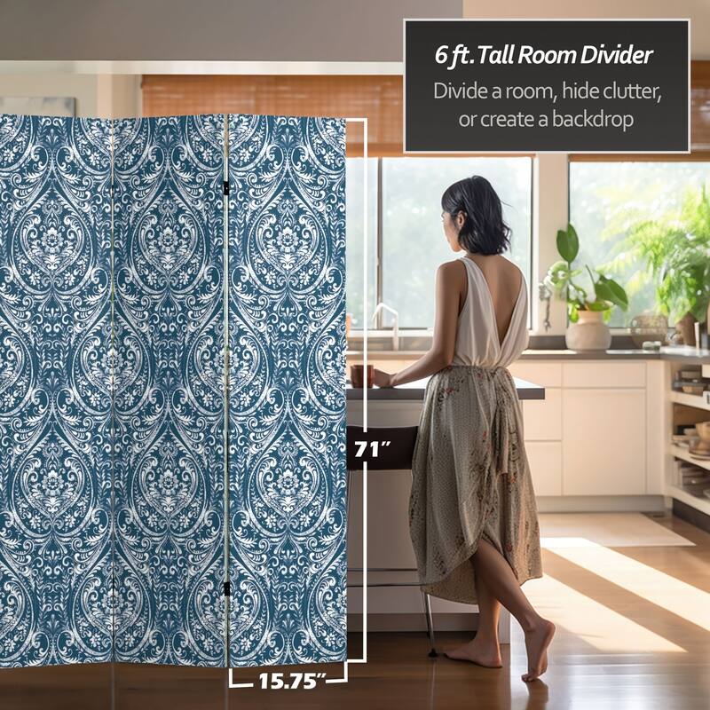 Handmade 6' Double Sided Ocean Damask Canvas Room Divider