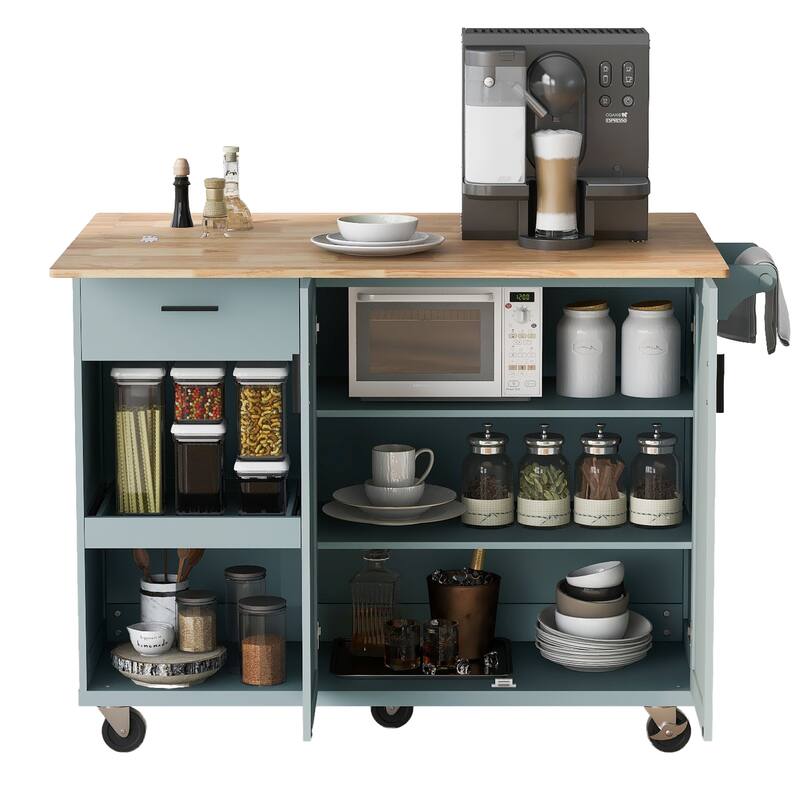 Kitchen Island with Foldable Counter Top, Kitchen Storage Cart with Towel Rack Drawer, Rolling Kitchen Cart on Wheels