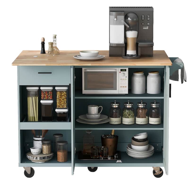 Kitchen Island with Foldable Counter Top, Kitchen Storage cart with Slide-Out Shelf, Towel Rack and Drawer