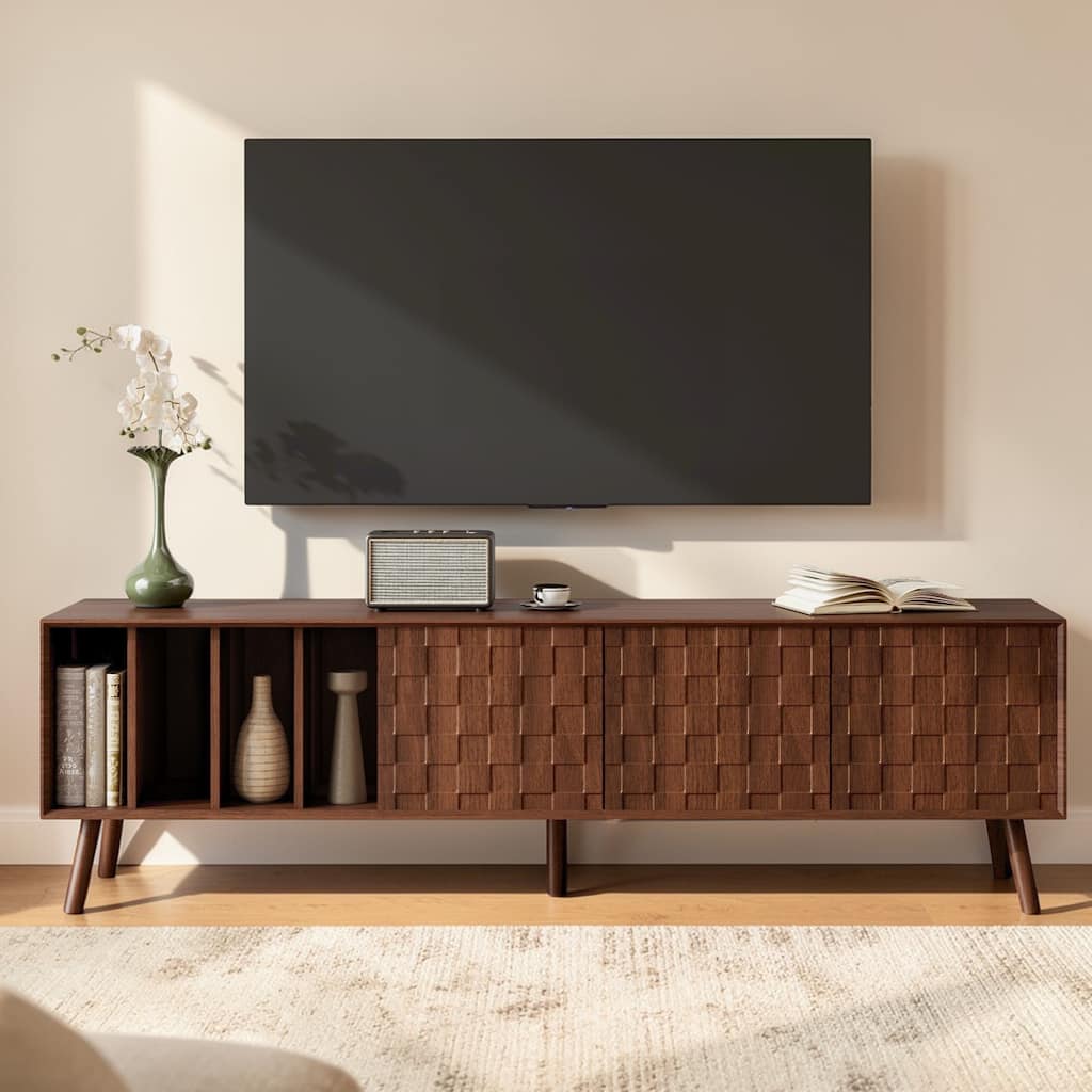 70.8 Inch Mid-Century Modern TV Stand with Storage, Media Console Table with Cabinets & Open Shelves for TVs Up to 80 Inch