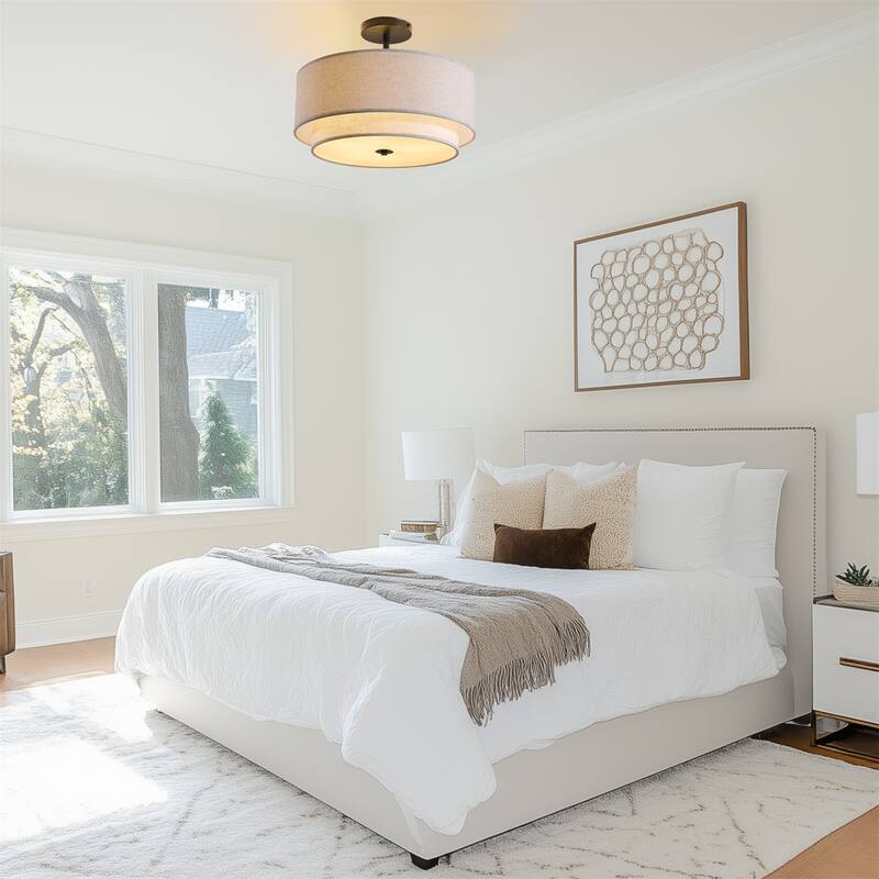 16" Modern Ceiling Light, Fabric Upholstered, Flush-Mount Fixture (Bulb Not Included)
