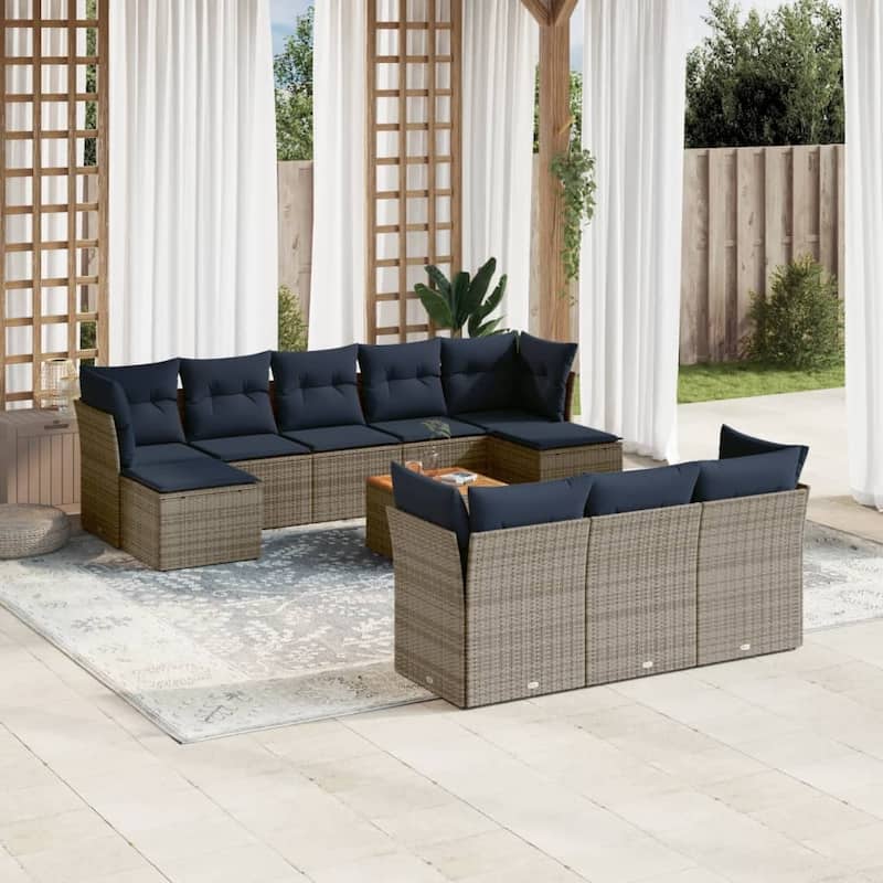 vidaXL Patio Sofa Set with Cushions Outdoor Furniture 11 Piece Poly Rattan - 24.4x 24.4x 27.2 - Grey and Blue