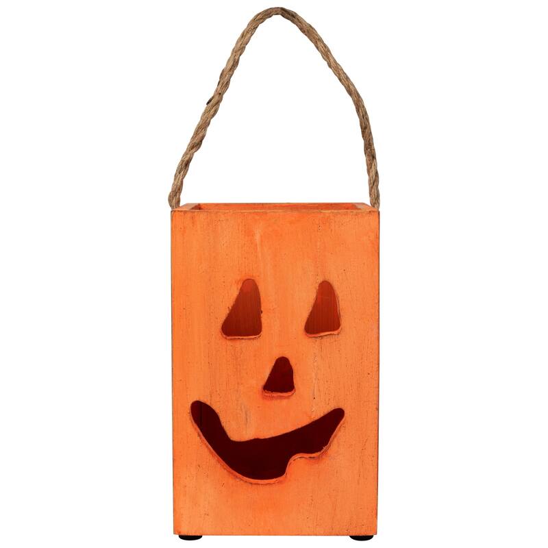 Large Orange Wood Jack O Lantern Halloween Candle Lantern - 8"