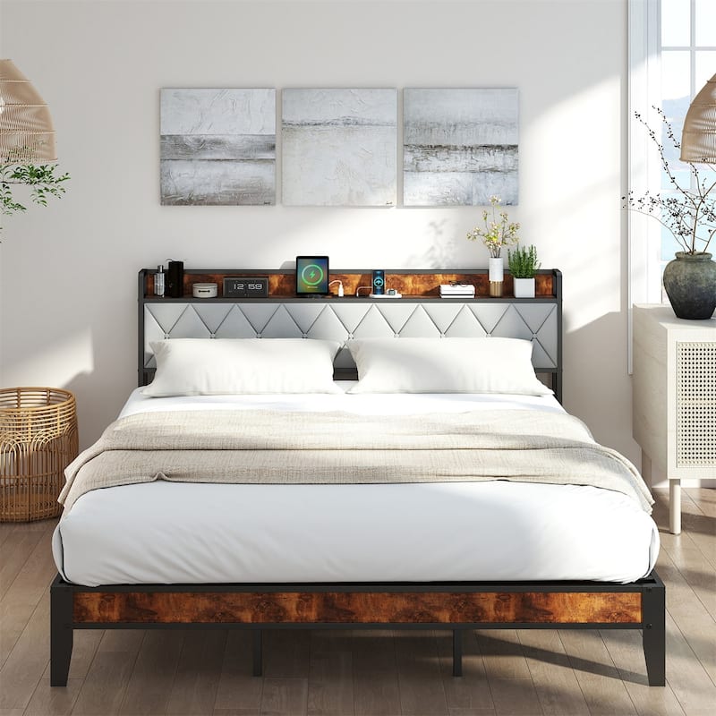 King Size Bed Frame with Charging Station and Storage Shelf, Metal Platform Bed with Headboard, No Box Spring Needed