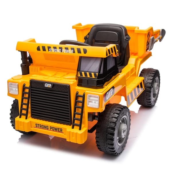 slide 2 of 80, 12V Ride-On Dump Truck - Remote Control, Electric Dump Bed, Shovel, Bluetooth, LED Lights Yellow