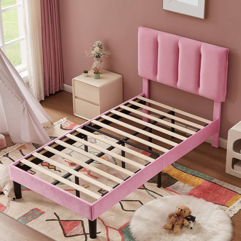 VECELO Pink Tufted Upholstered Platform Bed Frame with Adjustable Height Headboard Twin/Full/Queen Size Beds