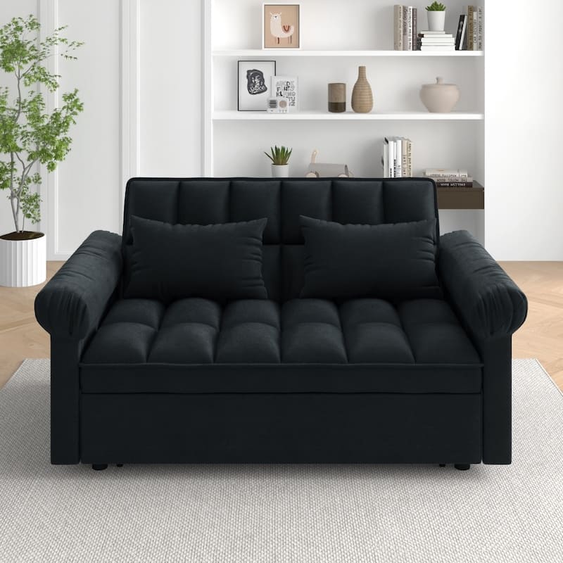56" Convertible Loveseat Sofa Bed with Adjustable Backrest and Pull-out Bed - Black