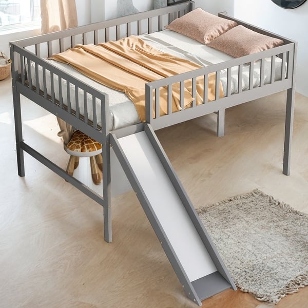 slide 2 of 30, Elegant & Contemporary Design Full Size Low Loft Bed with Vertical Ladder and Smooth Slide, Space-saving, Long-time Use, Gray Grey