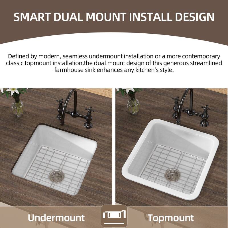 18" L X 18" W Fireclay Single Bowl Drop-In Kitchen Sink Undermount Farmhouse Sink With Accessory