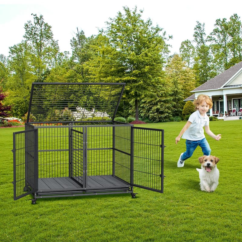 Heavy Duty Dog Crate, Escape-Proof Steel Kennel with Locking Wheels - N/A - Black