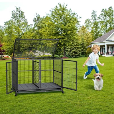Heavy Duty Dog Crate, Escape-Proof Steel Kennel with Locking Wheels - N/A