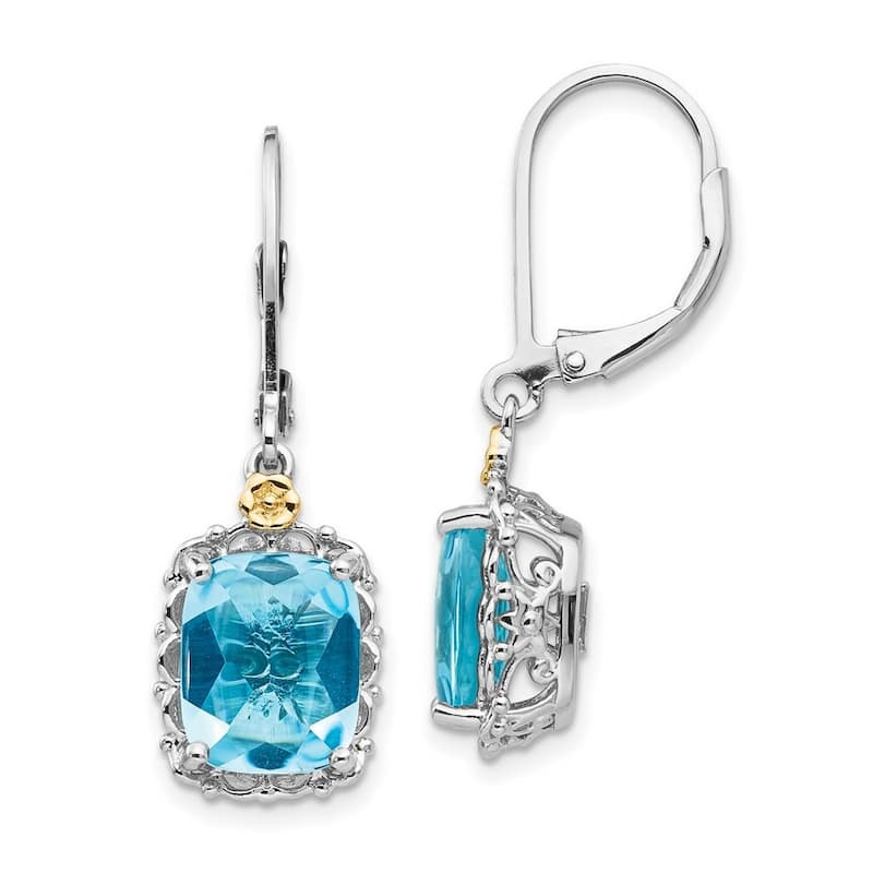 Curata 925 Sterling Silver With 14k Cushion Blue Topaz Leverback Earrings 32x10mm