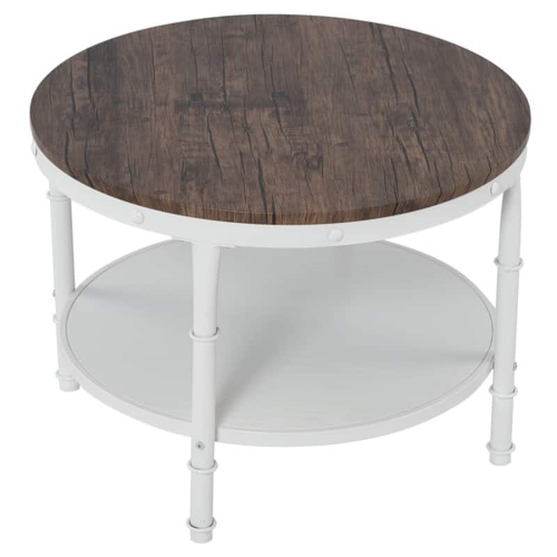 Double-layer Round Dark Walnut-colored Black-veined MDF Panel, White Wrinkled Baked Iron Frame, Industrial Style Coffee Table