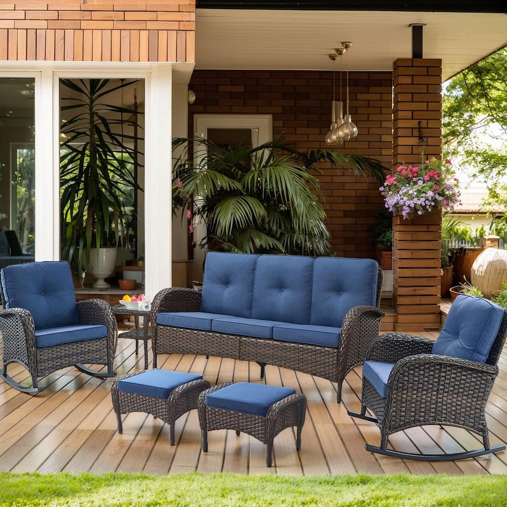 6 Pieces Rocker Chairs Patio Sofa with Table Ottomans