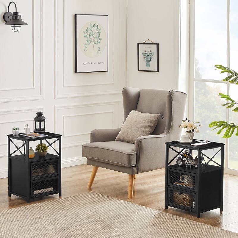 VECELO Modern End Table with 3-tier Storage Shelves, Nightstands with Charging Station(Nightstand Set of 2)