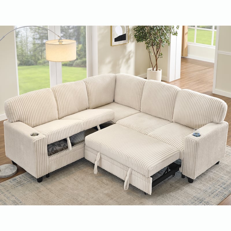 L-Shaped 5-Seat Sleeper Sectional - Pull-Out Bed with Storage & USB Charging, Corduroy Fabric - Beige