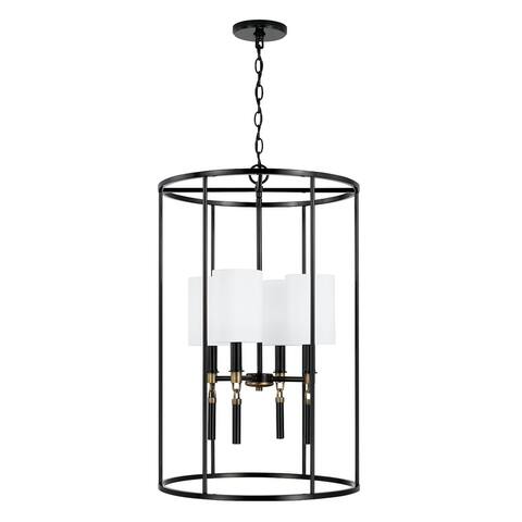 Beckham 18.5" 4-light Glossy Black/ Aged Brass Cage Foyer Pendant w/ White Fabric Stay-Straight Shades