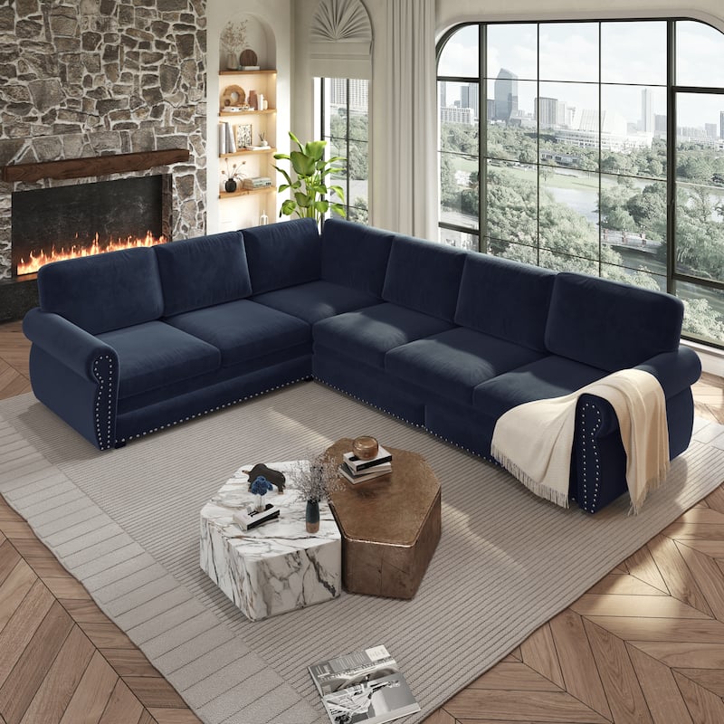 L-Shaped Sectional Sofa with Pull-Out Bed, Oversize Convertible Sleeper Sofa with Rolled Arms, Chenille Upholstery