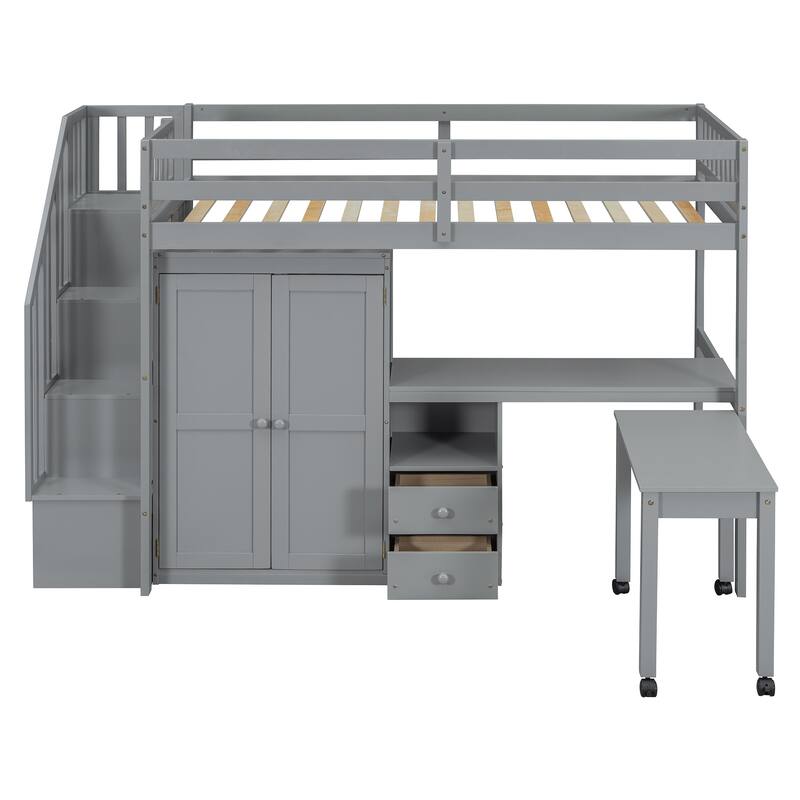 Multifunctional Loft Bed w/Stairs, Bookshelf, Drawers, Desk & Wardrobe