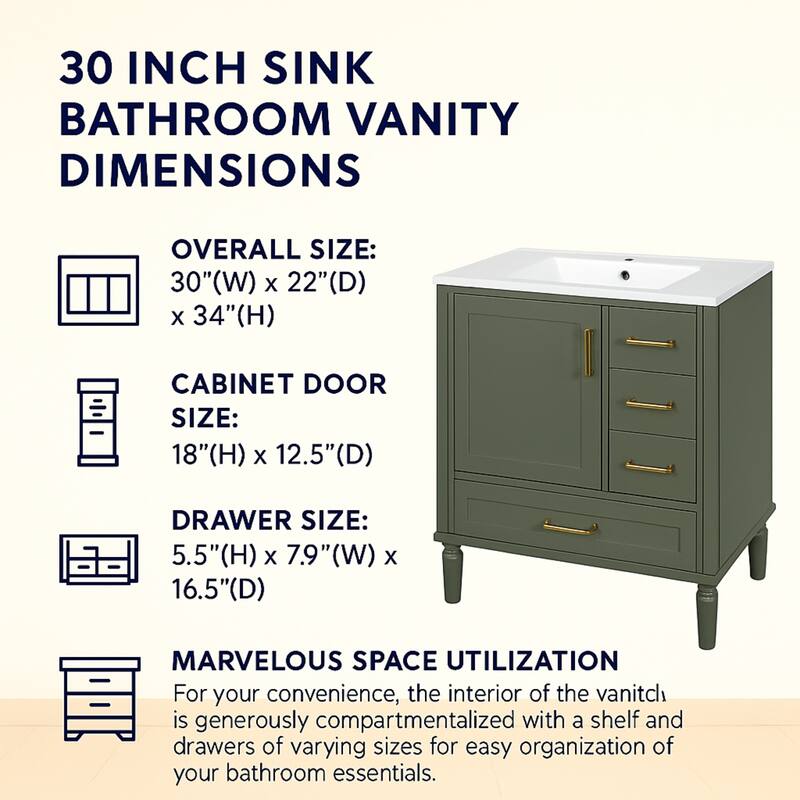 30" Ceramic Sink Bathroom Vanity with Gold Handles, Soft-Close Storage & Space-Saving Design