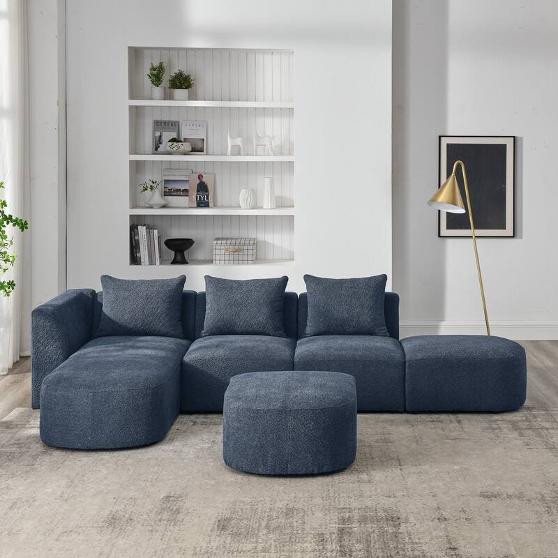 L-Shape Sectional Sofa with Left Side Chaise and Ottoman, Loop Yarn Fabric Modular Sofa