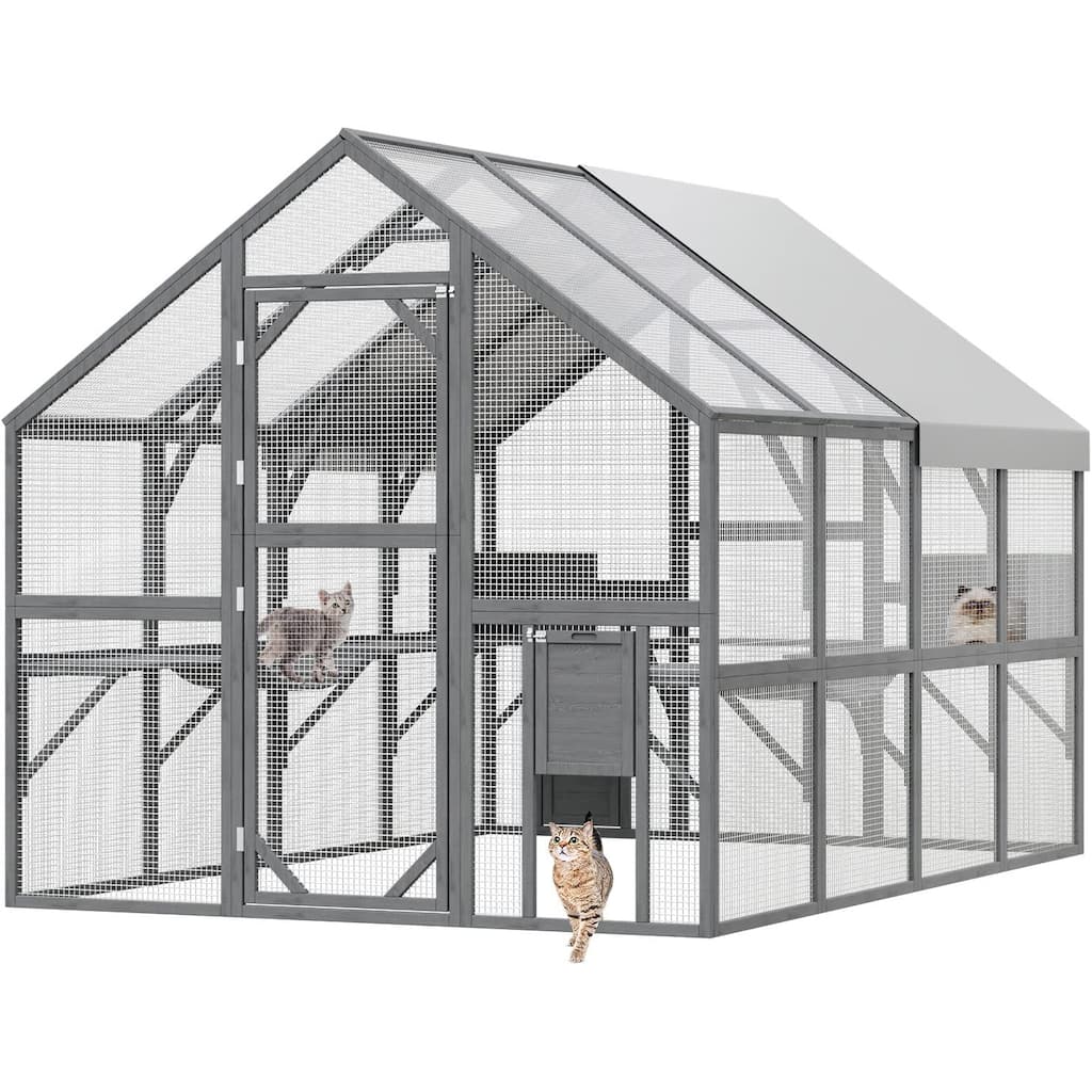 57.2ft² Large Wooden Outdoor Cat House, with 2 Cat Doors, Roof Cover