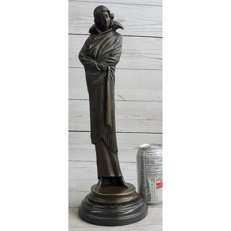 Art Deco Young Woman With Long Jacket Bronze Sculpture Marble Base Figurine 16 Inches X 5 Inches