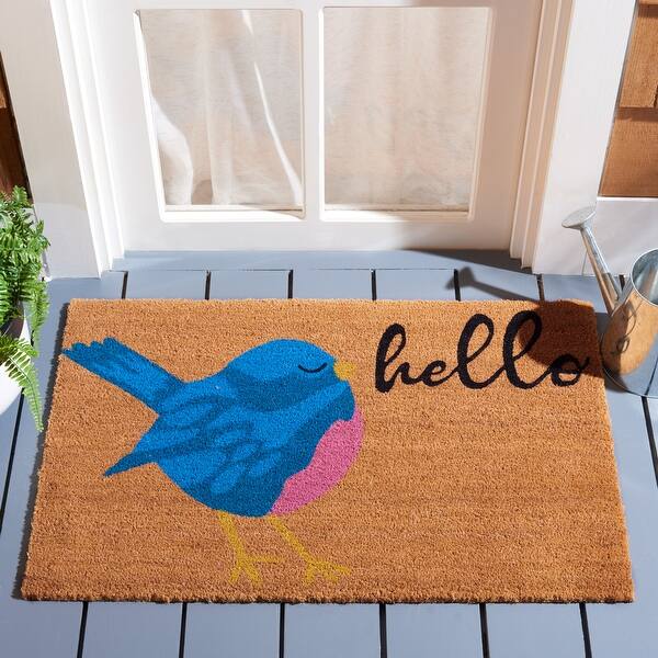 slide 1 of 1, SAFAVIEH Handmade Doormat Turkan Hello Bird Coir Rug - 1'11" x 3'