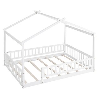 Full Size Wood Floor Bed Frame,Pine Wood House Bed with Roof and Fence, for Kids, Boys or Girls,White