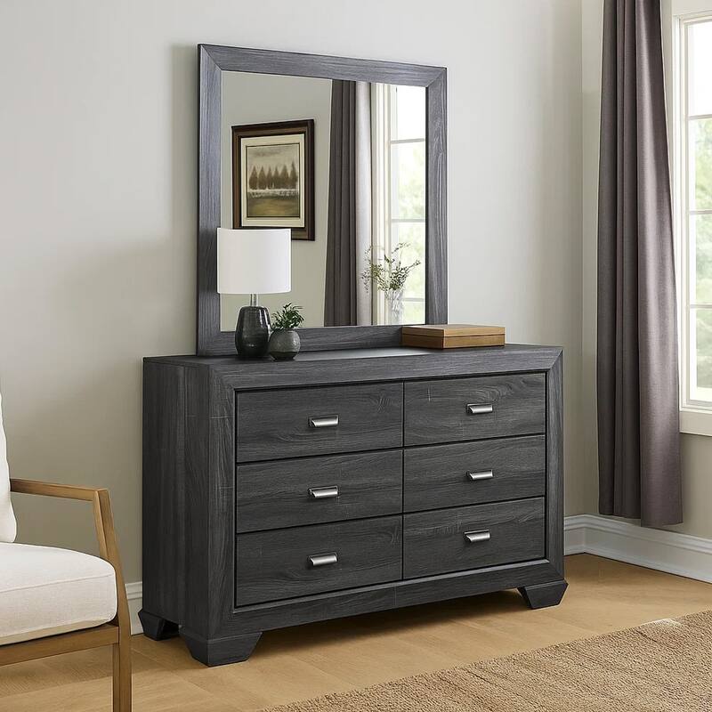 6 Drawer Wooden Dresser with Raised Border and Cup Pulls, Dark Gray