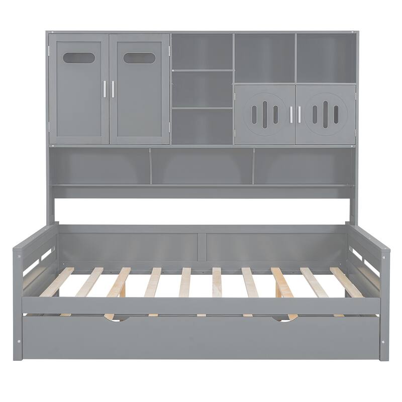 Space-Saving Full Size Daybed with Twin Trundle, Wooden Platform Bed Frame with All-in-One Cabinet & Shelf, No Box Spring Needed