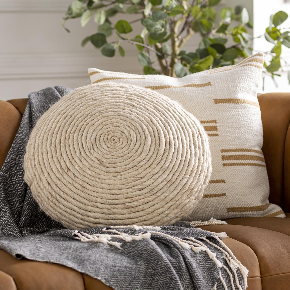 Natural Jute Throw Pillow with Pom Poms Border