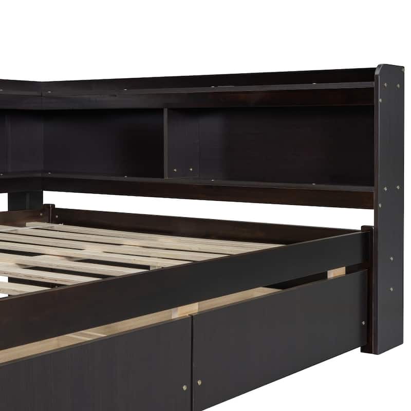 Full Size L-shaped Bookcases Bed with Power Outlets, USB Charging Ports and Two Drawers