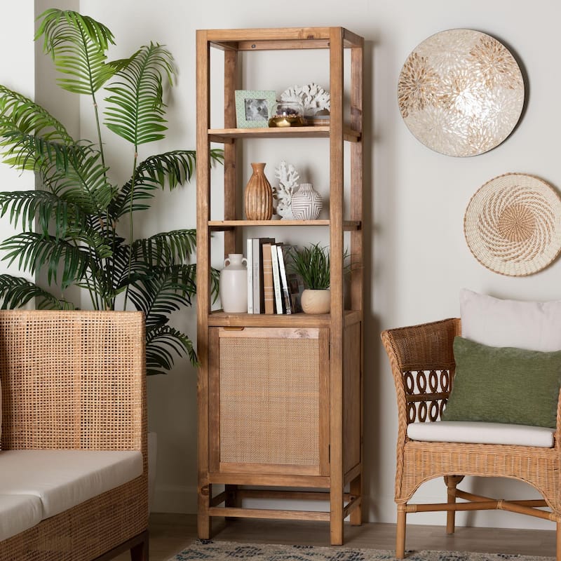 Sibu Storage Cabinet with Rattan Door - Tall Accent Display Tower with Open Shelves and Cabinet for Living Room or Bedroom
