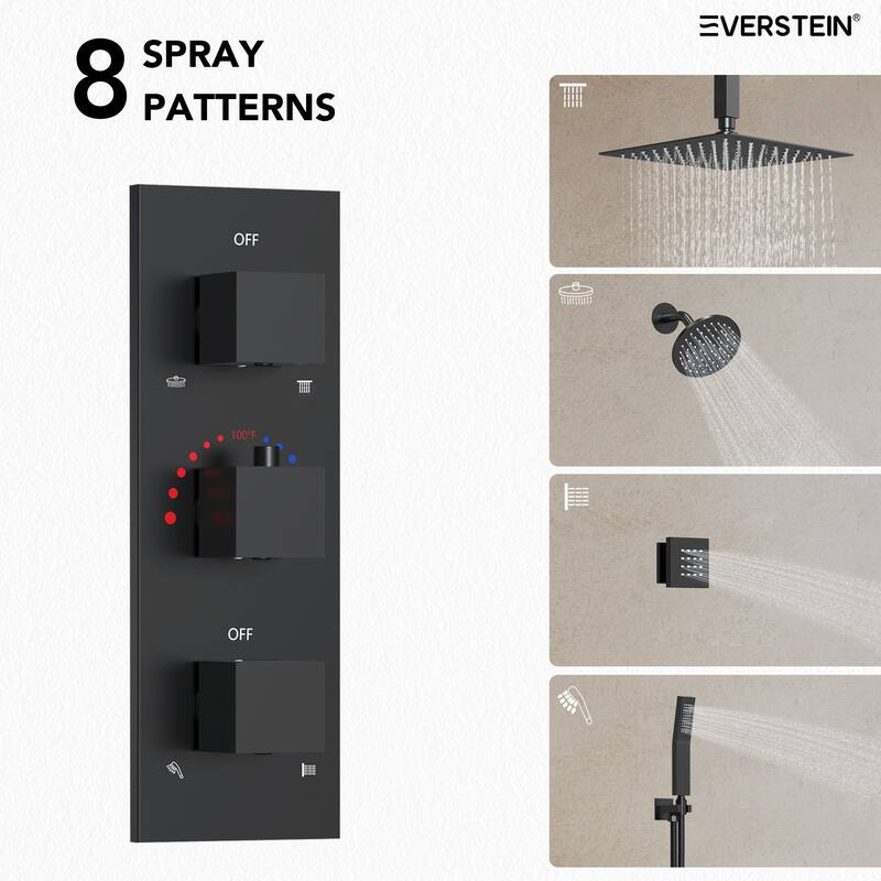 Thermostatic Dual Heads 12" Multi-Function Shower System with 3 Body Sprays