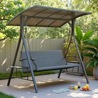 Wicker Patio Swing - 3-Seat Outdoor Swing with Polycarbonate Hardtop and Side Table (850lb Capacity)