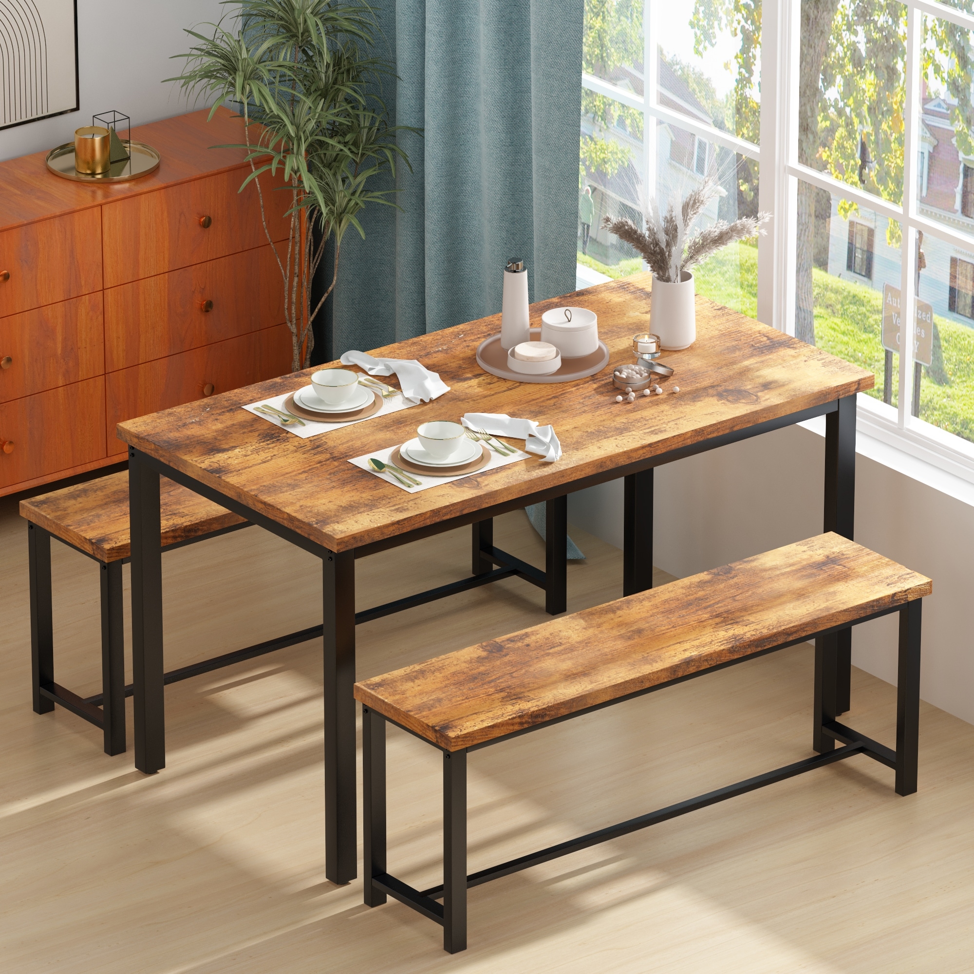 Mieres Vintage Industrial Style 3 Piece Dining Table with 2 Benches Set Space Saving Kitchen Dining Room Bar Table Set