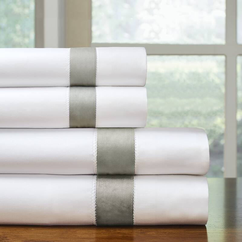 Pointehaven 525 Thread count Long staple cotton extra deep pocket Bordered Hem 4 pc sheet set - Queen - White with Steel Grey