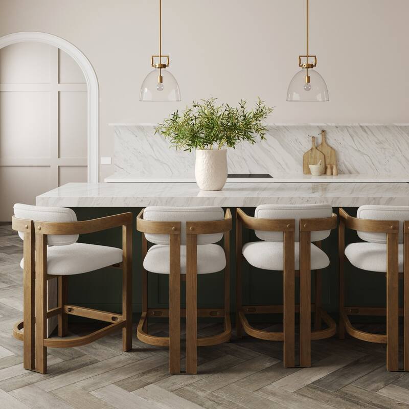 Veya Modern Barrel Bar Stool with Solid Wood Legs and Boucle Upholstery - Set of 4 - With Back