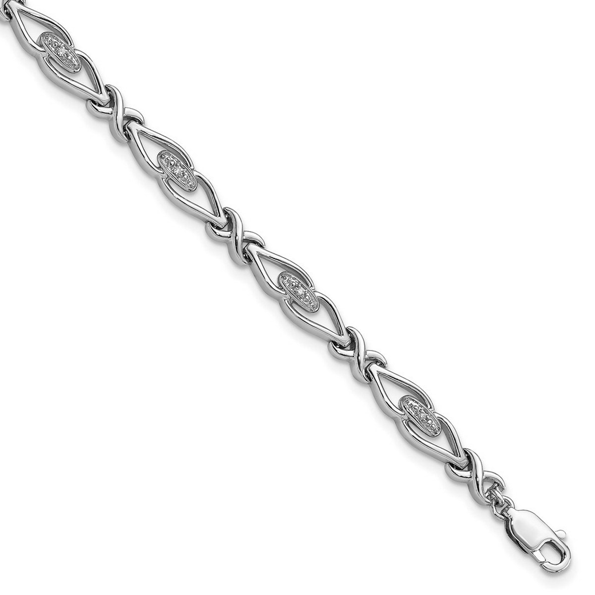 Curata 925 Sterling Silver 7" 5mm Genuine Diamond XO Bracelet