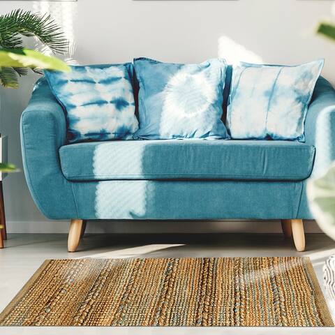 LR Home Hand-Woven Light Blue Braided Jute Rug